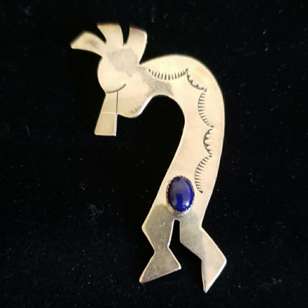Vintage Native American Sterling Silver Lapis Flute Kokopelli Player Brooch